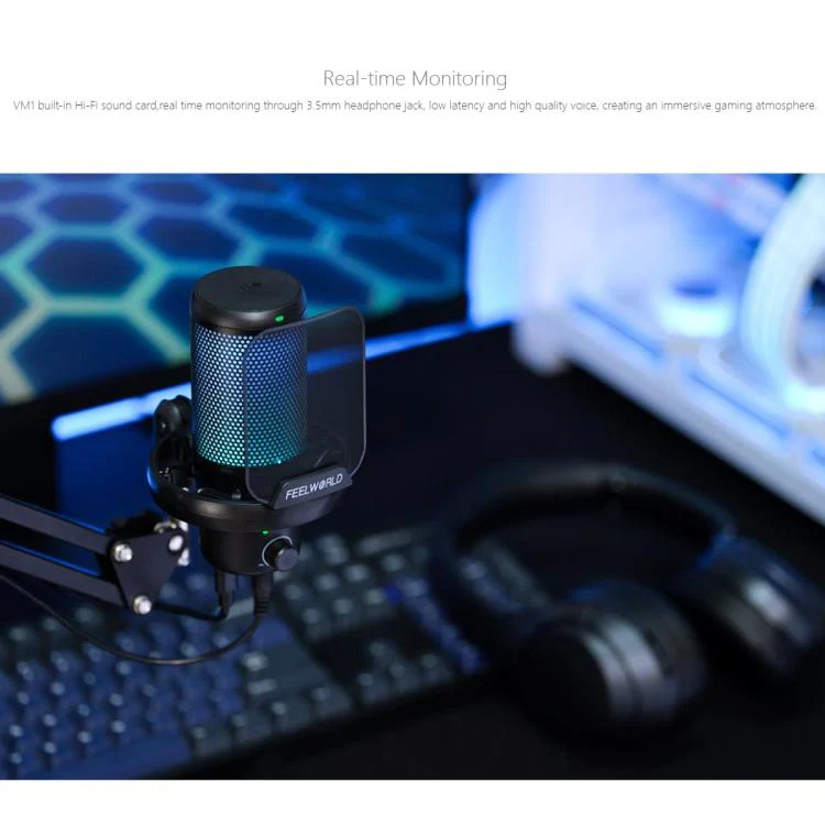 FEELWORLD VM1 USB Condenser Gaming Microphone for Streaming Noise Cancellation Mute RGB Light Boom Arm Stand (Black) - Image 9