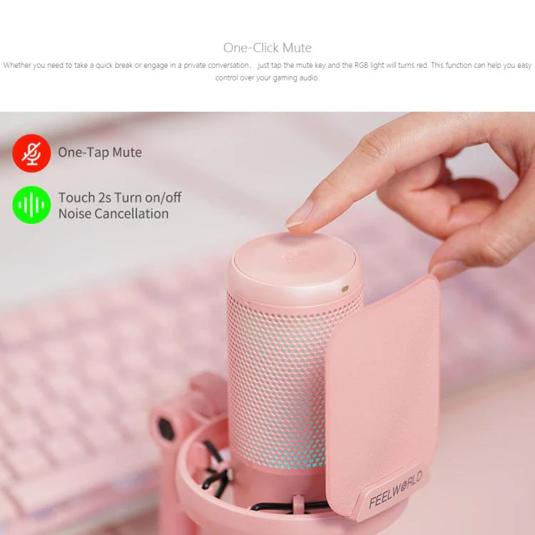 FEELWORLD VM1 USB Condenser Gaming Microphone for Streaming Noise Cancellation Mute RGB Light Boom Arm Stand (Pink) - Image 4