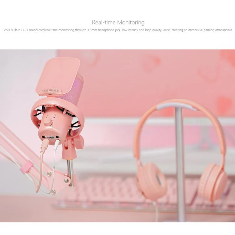 FEELWORLD VM1 USB Condenser Gaming Microphone for Streaming Noise Cancellation Mute RGB Light Boom Arm Stand (Pink) - Image 9