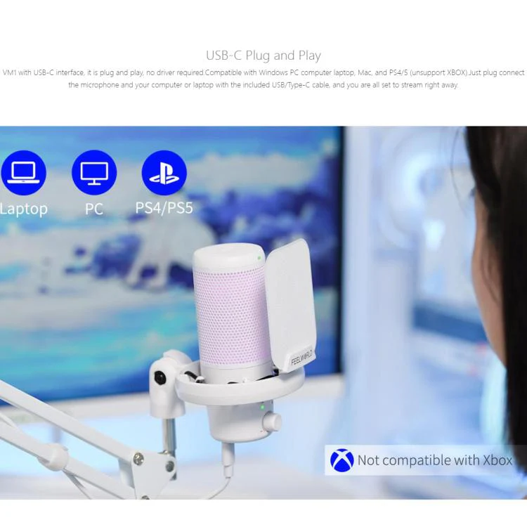 FEELWORLD VM1 USB Condenser Gaming Microphone for Streaming Noise Cancellation Mute RGB Light Boom Arm Stand (White) - Image 10