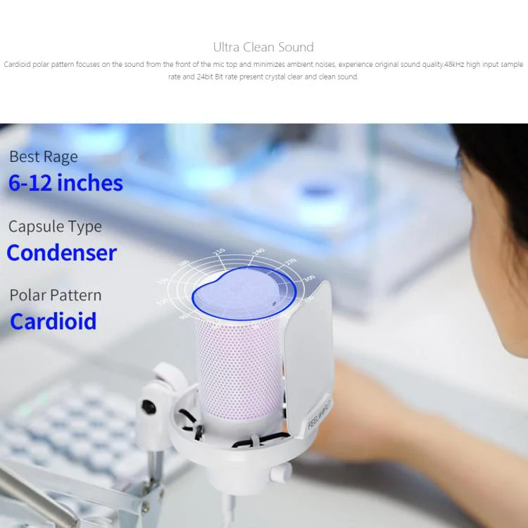 FEELWORLD VM1 USB Condenser Gaming Microphone for Streaming Noise Cancellation Mute RGB Light Boom Arm Stand (White) - Image 6