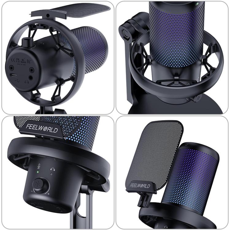 FEELWORLD VM1-XS USB Condenser Gaming Microphone for Streaming Noise Cancellation Mute RGB Light Desktop Stand (Black) - Image 3