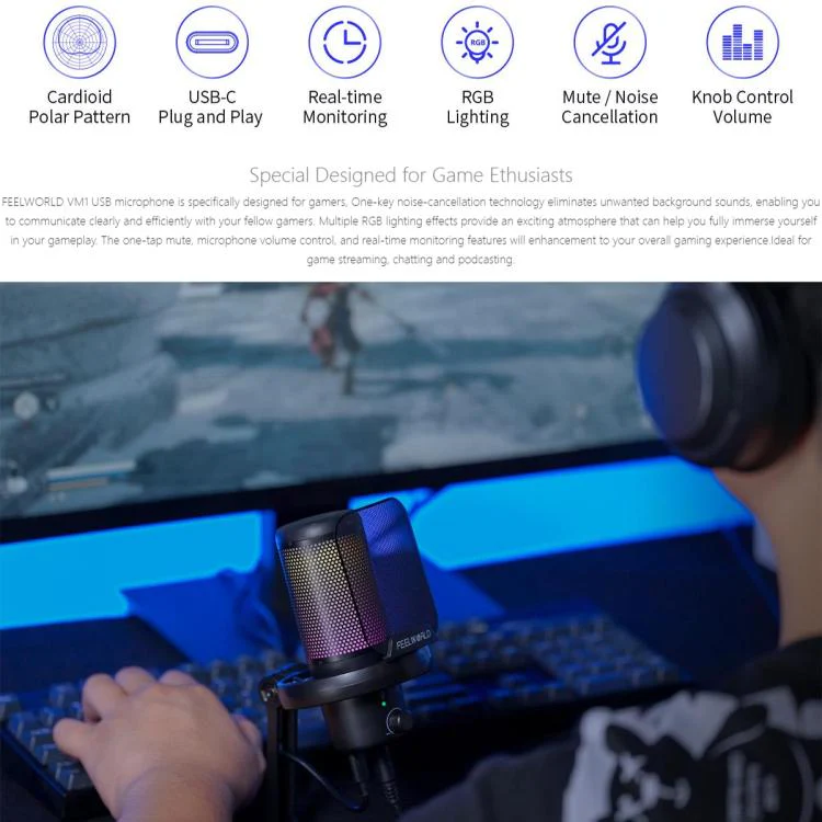 FEELWORLD VM1-XS USB Condenser Gaming Microphone for Streaming Noise Cancellation Mute RGB Light Desktop Stand (Black) - Image 4