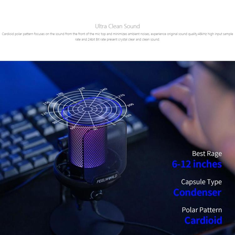 FEELWORLD VM1-XS USB Condenser Gaming Microphone for Streaming Noise Cancellation Mute RGB Light Desktop Stand (Black) - Image 7