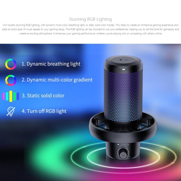 FEELWORLD VM1-XS USB Condenser Gaming Microphone for Streaming Noise Cancellation Mute RGB Light Desktop Stand (Black) - Image 9