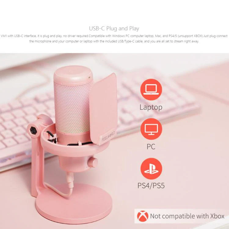 FEELWORLD VM1-XS USB Condenser Gaming Microphone for Streaming Noise Cancellation Mute RGB Light Desktop Stand (Pink) - Image 12