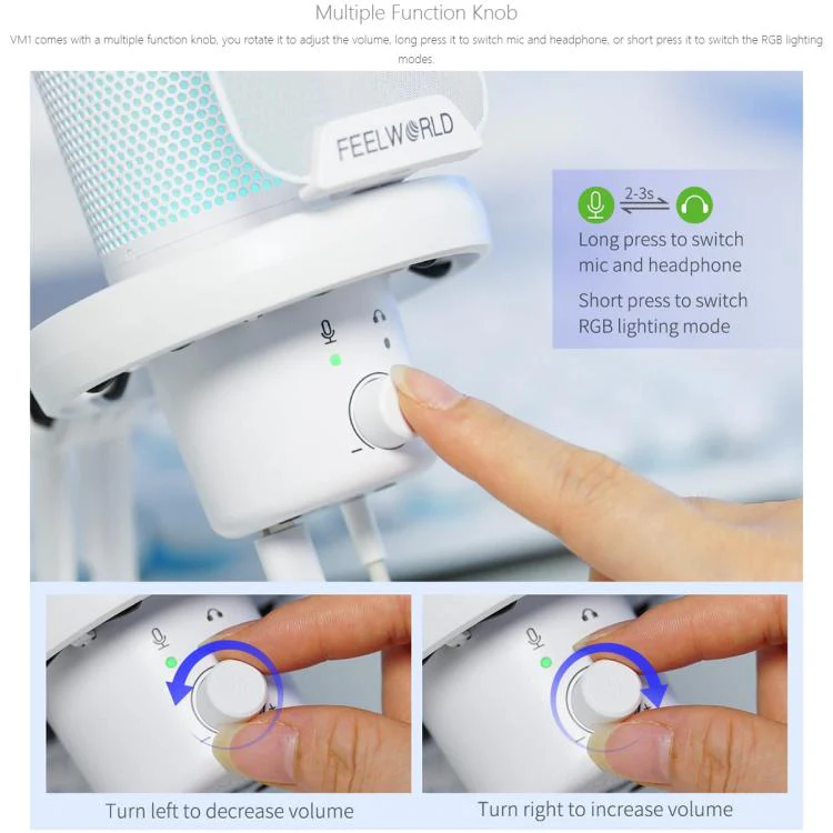 FEELWORLD VM1-XS USB Condenser Gaming Microphone for Streaming Noise Cancellation Mute RGB Light Desktop Stand (White) - Image 10