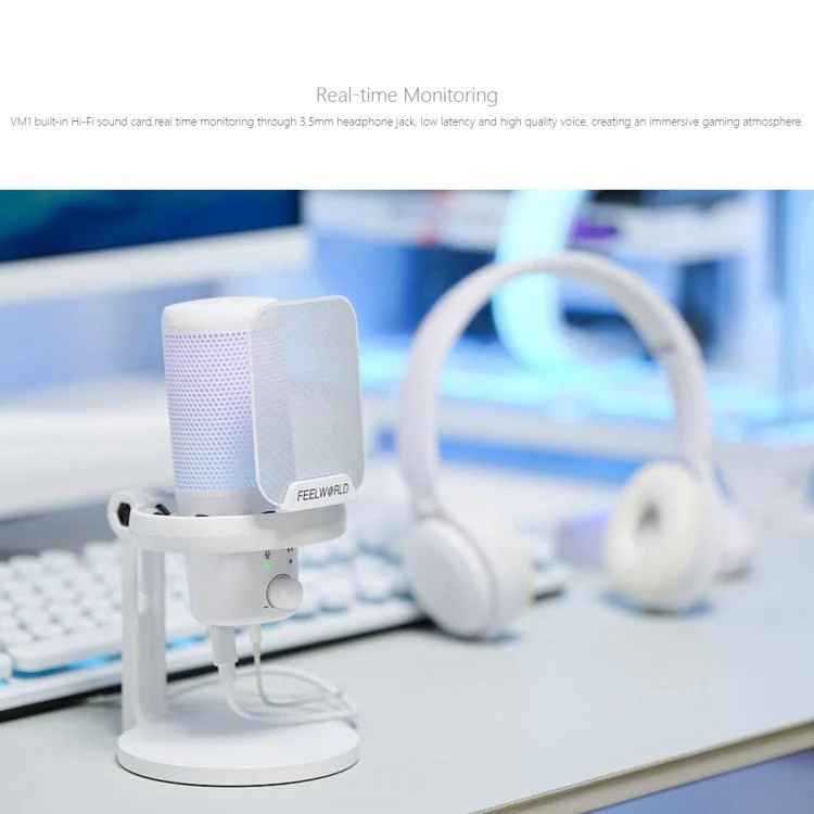 FEELWORLD VM1-XS USB Condenser Gaming Microphone for Streaming Noise Cancellation Mute RGB Light Desktop Stand (White) - Image 11