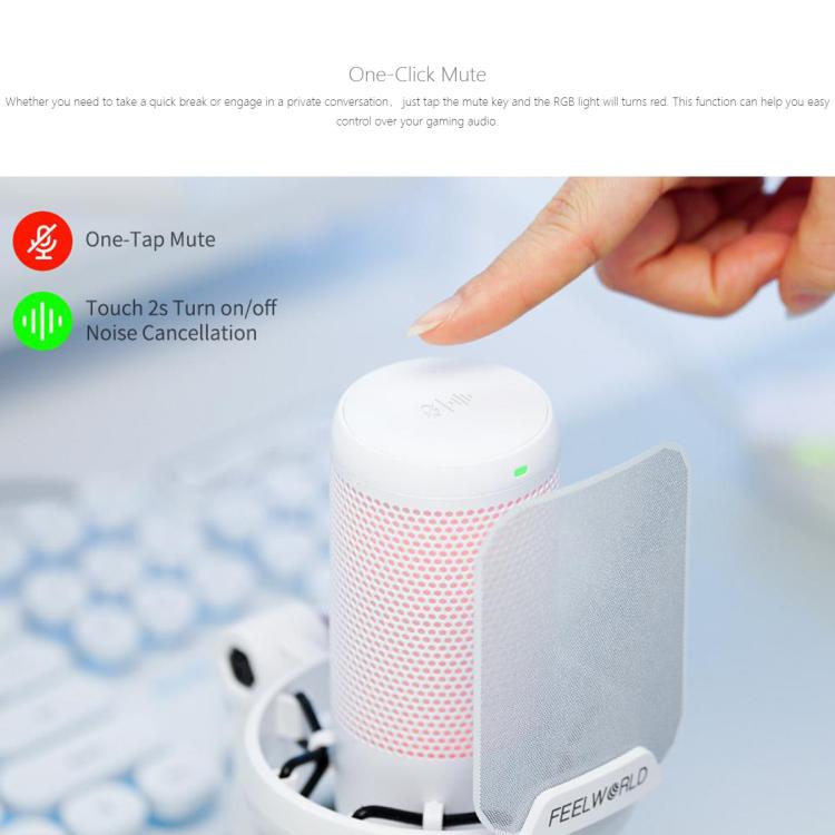 FEELWORLD VM1-XS USB Condenser Gaming Microphone for Streaming Noise Cancellation Mute RGB Light Desktop Stand (White) - Image 5