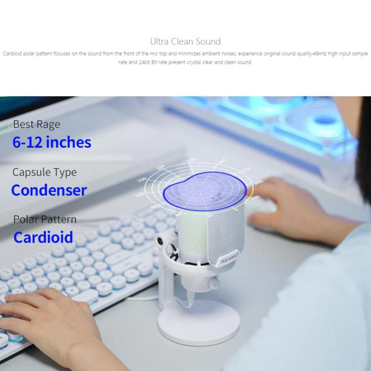 FEELWORLD VM1-XS USB Condenser Gaming Microphone for Streaming Noise Cancellation Mute RGB Light Desktop Stand (White) - Image 7