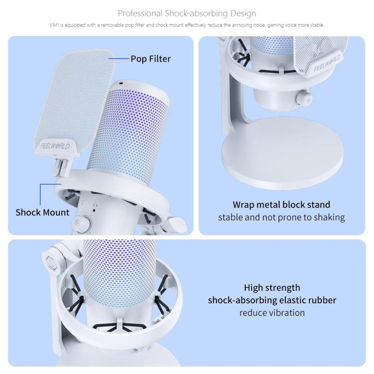 FEELWORLD VM1-XS USB Condenser Gaming Microphone for Streaming Noise Cancellation Mute RGB Light Desktop Stand (White) - Image 8