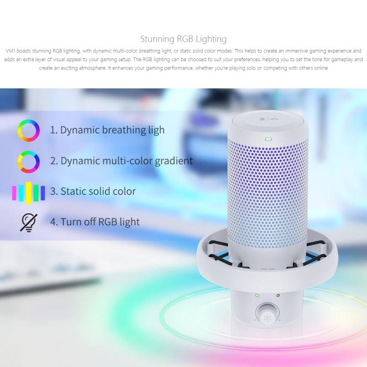 FEELWORLD VM1-XS USB Condenser Gaming Microphone for Streaming Noise Cancellation Mute RGB Light Desktop Stand (White) - Image 9