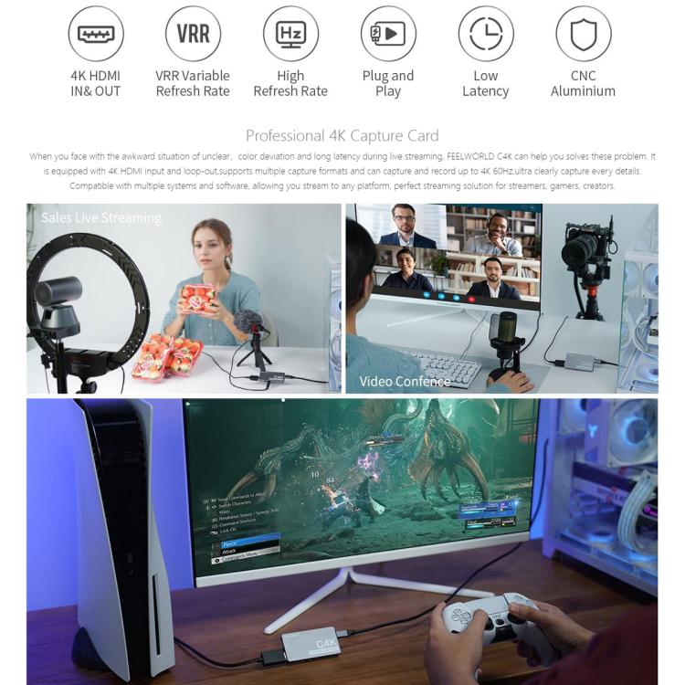 FEEWORLD C4K Video Capture 4K HDMI 60Hz In and Out USB-C Plug and Play for Streaming Gaming Video Conference - Image 6