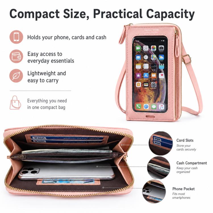 Female Touch Screen Phone Bag Multifunctional Crossbody Zipper Pouch(Pink) - Image 8