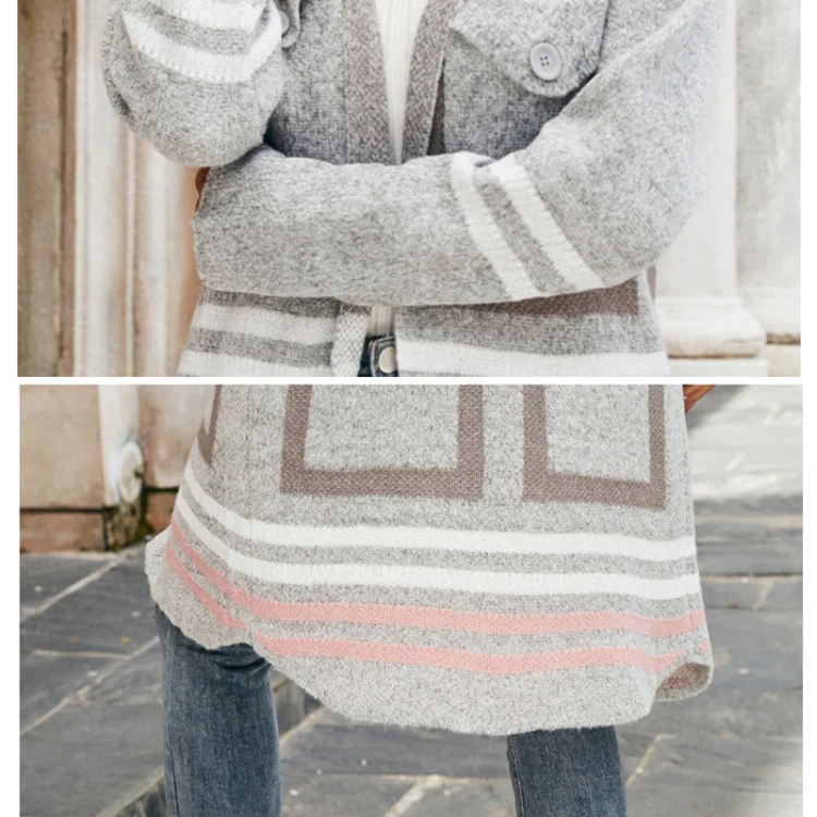 Female Windbreaker Jacket Striped Hooded Plaid Knit Cardigan, Size: L(Grey) - Image 4