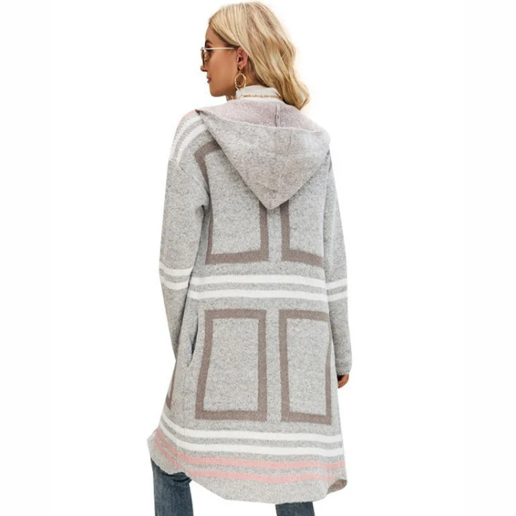 Female Windbreaker Jacket Striped Hooded Plaid Knit Cardigan, Size: XL(Beige) - Image 2