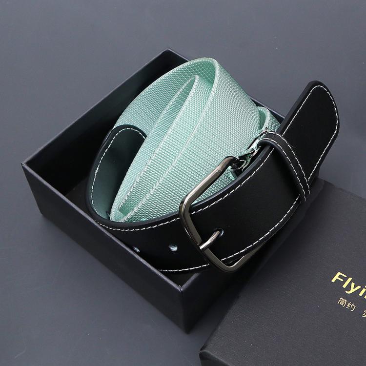Flying Art 35mm Mens Womens Stretch Belt Leather Spliced Nylon Elastic Web Belts With Alloy Buckle, Length: 105cm(Cyan)