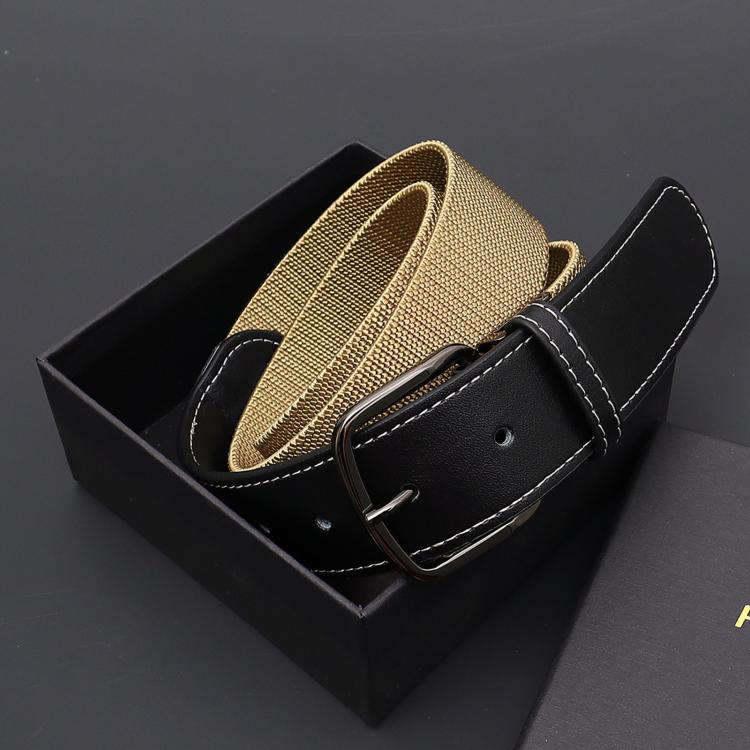 Flying Art 35mm Mens Womens Stretch Belt Leather Spliced Nylon Elastic Web Belts With Alloy Buckle, Length: 115cm(Khaki)