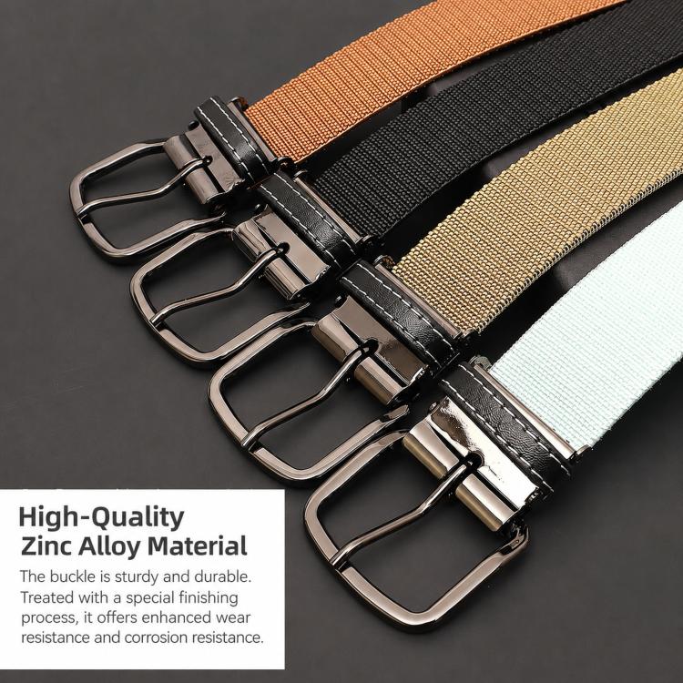 Flying Art 35mm Mens Womens Stretch Belt Leather Spliced Nylon Elastic Web Belts With Alloy Buckle, Length: 115cm(Khaki) - Image 3
