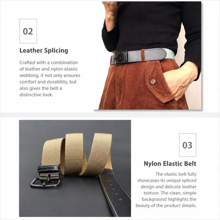 Flying Art 35mm Mens Womens Stretch Belt Leather Spliced Nylon Elastic Web Belts With Alloy Buckle, Length: 115cm(Khaki) - Image 4