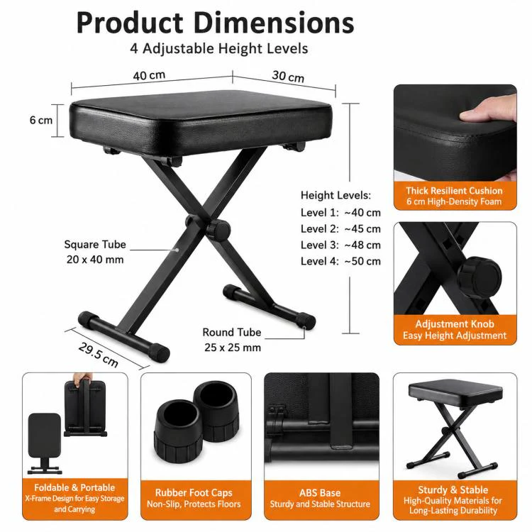 Foldable Portable Height-Adjustable Single X-Shaped Piano Stool - Image 2