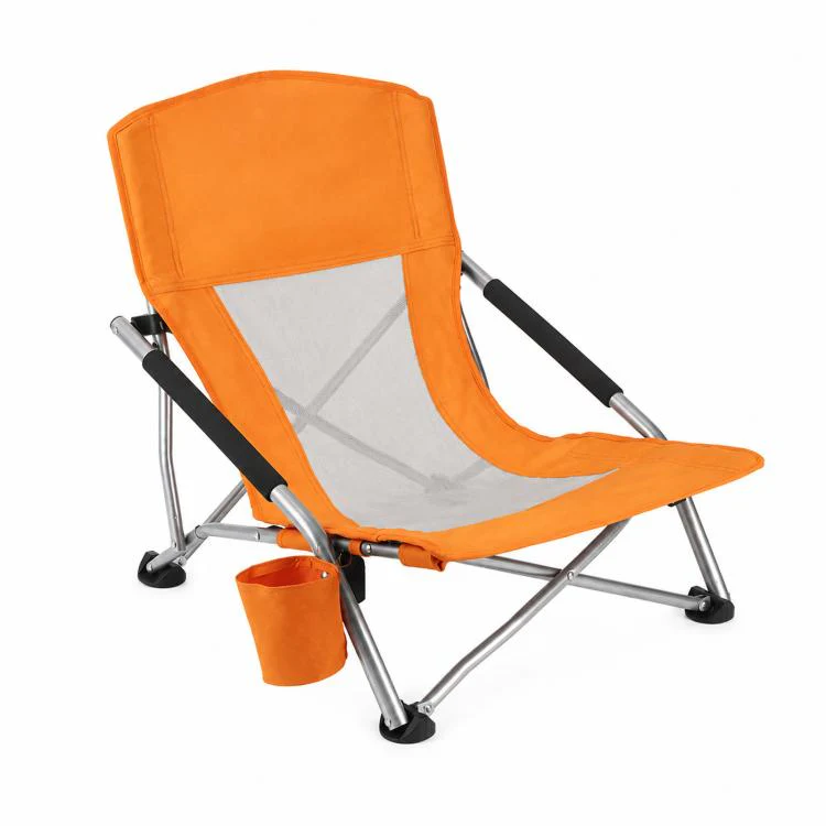 Folding Beach Chair Picnic Camping Lawn Lounge Seat With Breathable Mesh Back and Cup Holder(Orange)