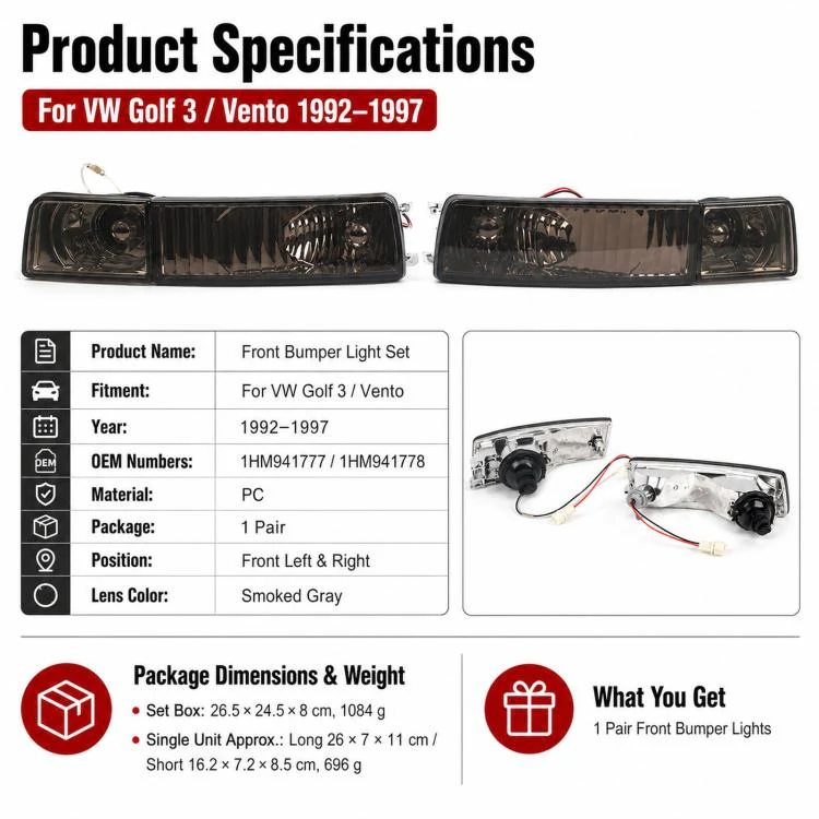 For 1992-1997 Volkswagen Golf / Jetta Front Bumper Crystal Fog Light Kit 1HM941777 / 1HM941778(White) - Image 6
