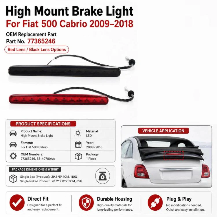 For 2009-2018 Fiat 500 Convertible High-Mount Brake Light 77365246 / 68140780AA(Red) - Image 6