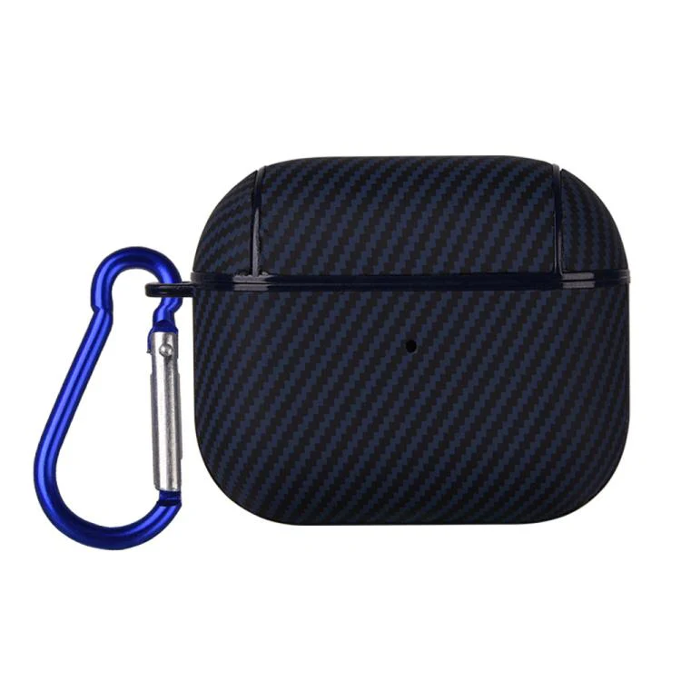 For AirPods 3 Carbon Fibre Texture PU Earbuds Box PC Case with Hook(Blue)