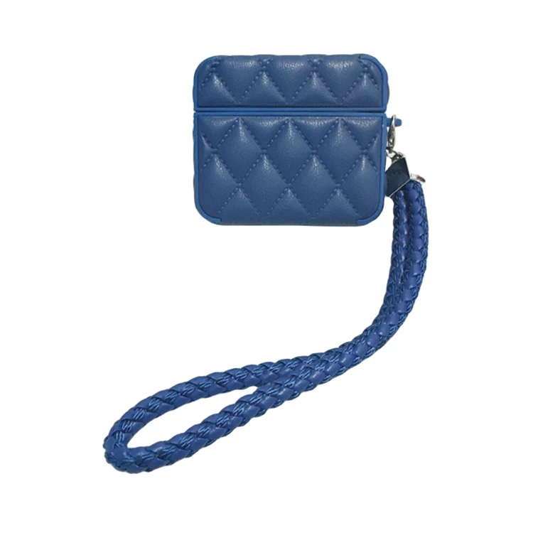 For AirPods 3 Down Coat Texture PU Earbuds Box PC Case with Lanyard(Blue)