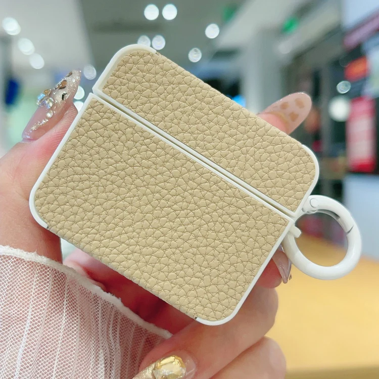 For AirPods 3 Litchi Texture Leather Sticker Earphones Protective Case(Apricot)