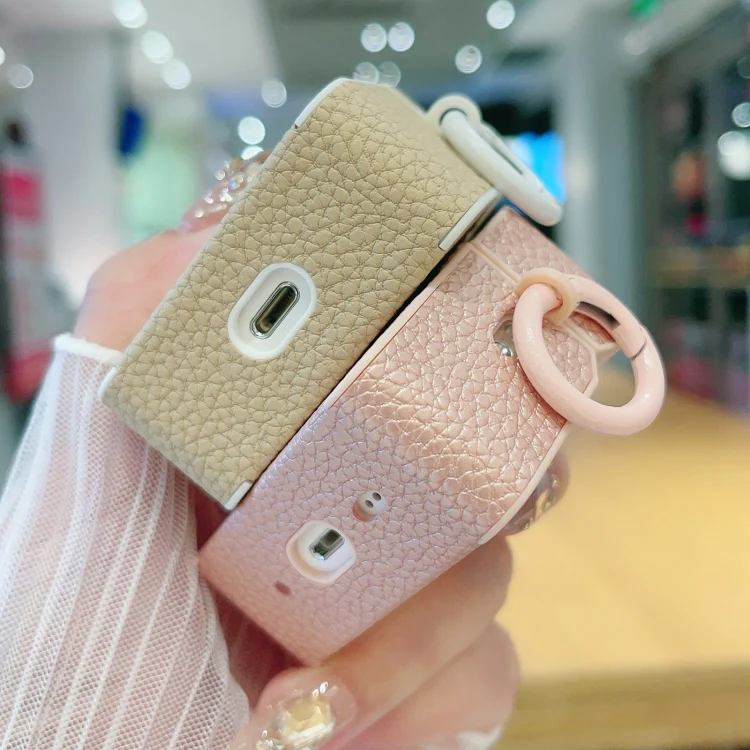 For AirPods 3 Litchi Texture Leather Sticker Earphones Protective Case(Apricot) - Image 3