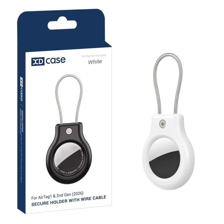 For AirTag 2nd Gen / 1st Gen XDcase Hollow PC Protective Case with Security Lock & Metal Strap(White)