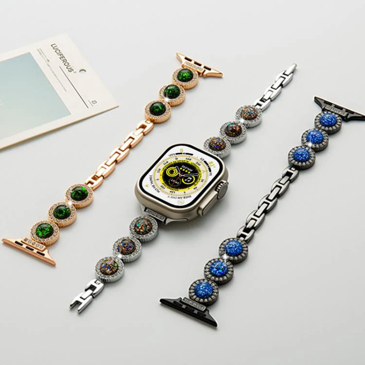 For Apple Watch 42 / 44 / 45 / 46 / 49mm xDfind Sparkling Diamond Jewelry Metal Watch Band(Champagne Green Diamond) - Image 3