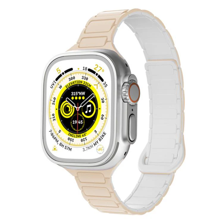For Apple Watch 42 / 44 / 45 / 46 / 49mm xDfind Three Beads Magnetic Silicone Watch Band(Milk Tea + Rock White)