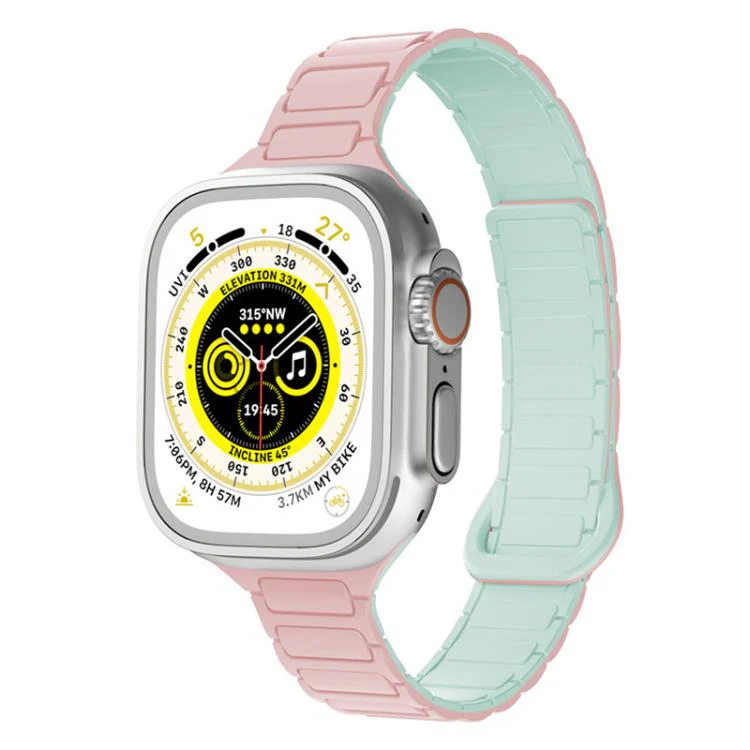 For Apple Watch 42 / 44 / 45 / 46 / 49mm xDfind Three Beads Magnetic Silicone Watch Band(Pink + Mint Green)
