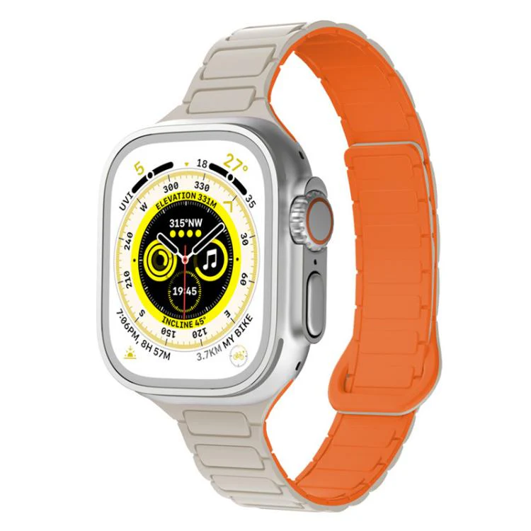 For Apple Watch 42 / 44 / 45 / 46 / 49mm xDfind Three Beads Magnetic Silicone Watch Band(Starlight + Orange)