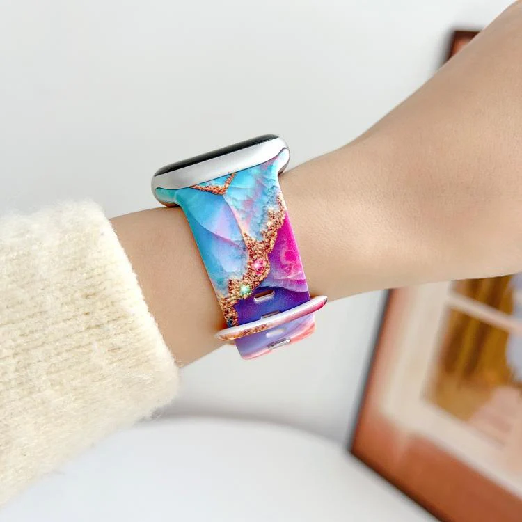 For Apple Watch 42mm / 41mm / 40mm / 38mm Painted Marble Print Reverse Buckle Silicone Watch Band(Colorful) - Image 3