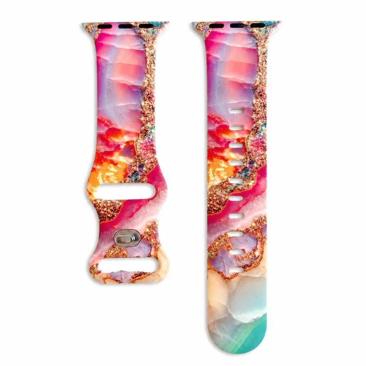 For Apple Watch 42mm / 41mm / 40mm / 38mm Painted Marble Print Reverse Buckle Silicone Watch Band(Colorful Sparkling)