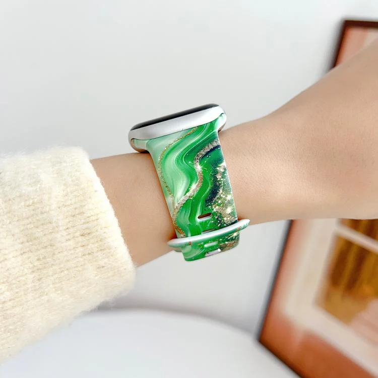 For Apple Watch 42mm / 41mm / 40mm / 38mm Painted Marble Print Reverse Buckle Silicone Watch Band(Green) - Image 3
