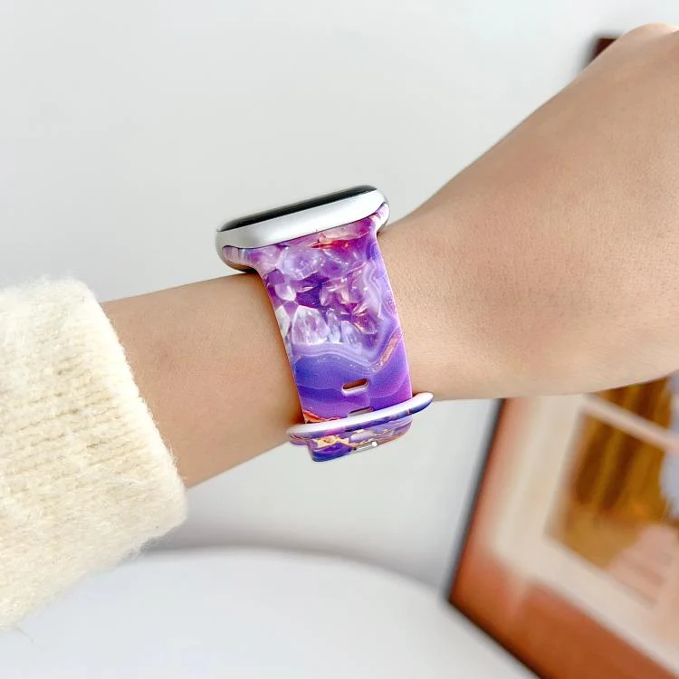 For Apple Watch 42mm / 41mm / 40mm / 38mm Painted Marble Print Reverse Buckle Silicone Watch Band(Purple) - Image 3