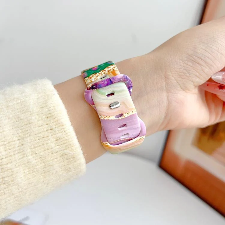 For Apple Watch 42mm / 41mm / 40mm / 38mm Painted Marble Print Reverse Buckle Silicone Watch Band(Purple Green) - Image 4