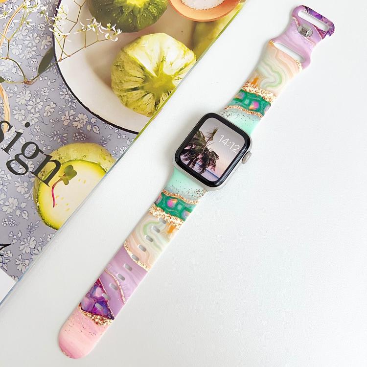 For Apple Watch 42mm / 41mm / 40mm / 38mm Painted Marble Print Reverse Buckle Silicone Watch Band(Purple Green) - Image 5