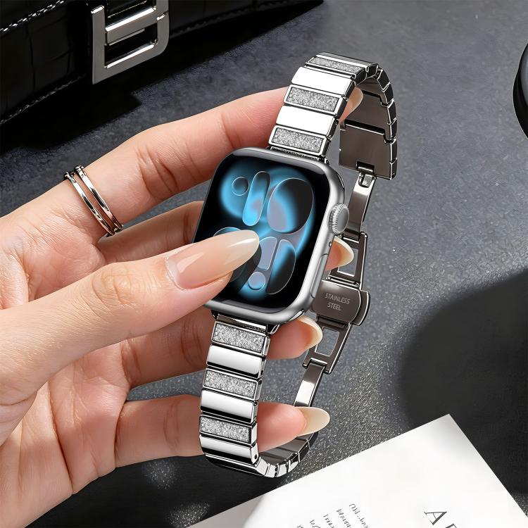 For Apple Watch 42mm / 41mm / 40mm / 38mm Piano Key Design Stainless Steel Folding Clasp Metal Watch Band(Glitter Silver) - Image 4