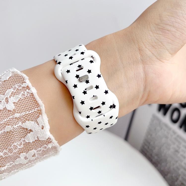 For Apple Watch 42mm / 41mm / 40mm / 38mm Printed Reverse Buckle Silicone Watch Band(Black Stars on White) - Image 4