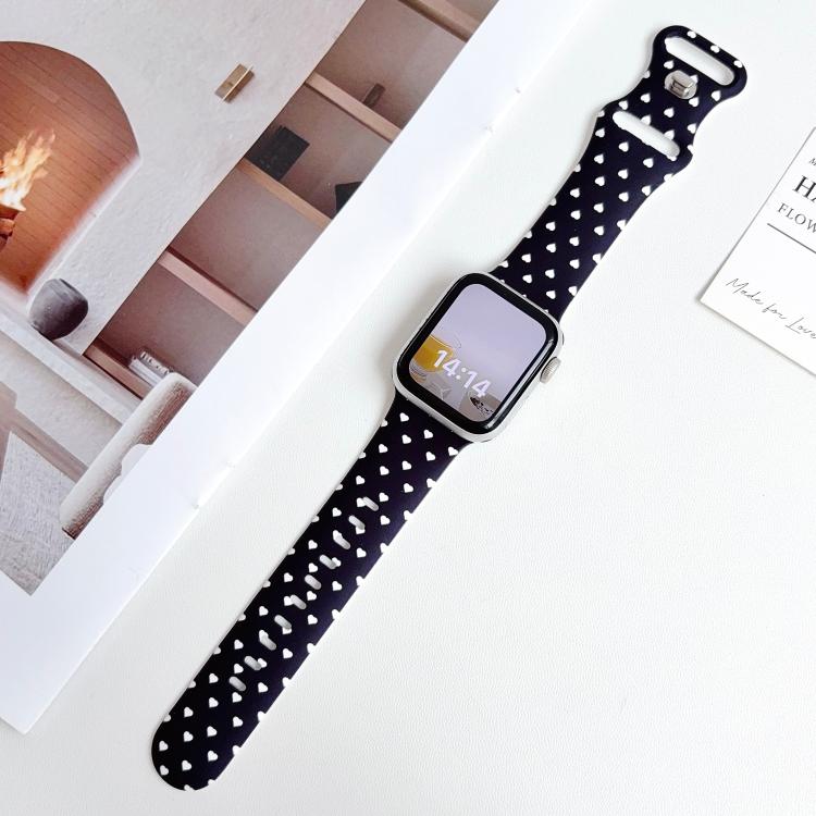 For Apple Watch 42mm / 41mm / 40mm / 38mm Printed Reverse Buckle Silicone Watch Band(White Heart on Black) - Image 5