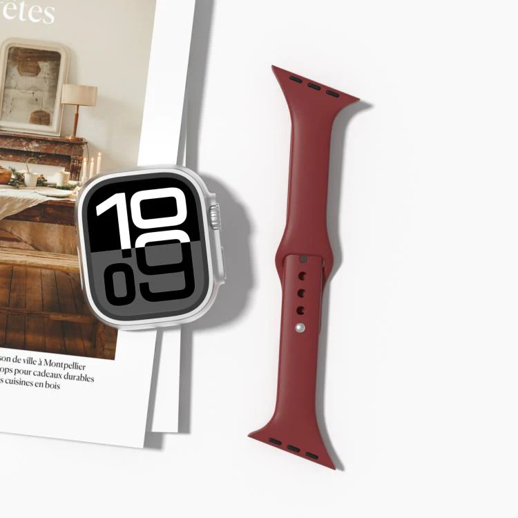 For Apple Watch 46mm / 49mm / 45mm / 44mm Angled Connector Slim Reverse Buckle Silicone Watch Band(Burgundy) - Image 2
