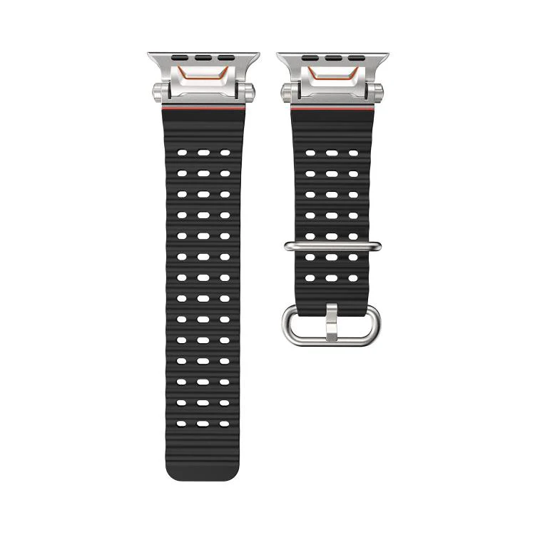 For Apple Watch 46mm / 49mm / 45mm / 44mm Ocean Mecha Metal Connector Silicone Watch Band(Black) - Image 4