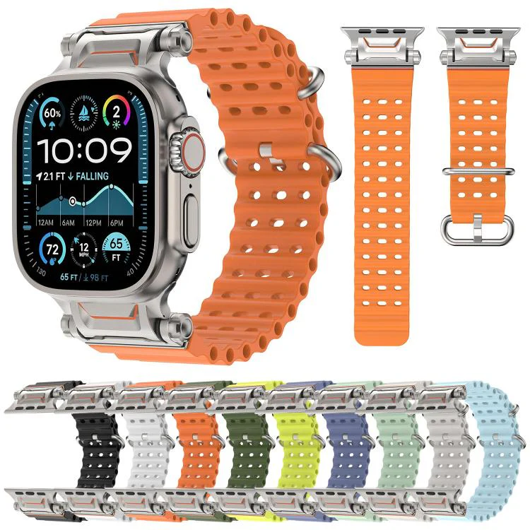 For Apple Watch 46mm / 49mm / 45mm / 44mm Ocean Mecha Metal Connector Silicone Watch Band(Black) - Image 5