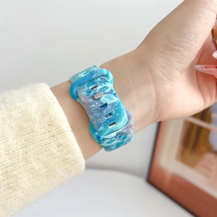 For Apple Watch 46mm / 49mm / 45mm / 44mm Painted Marble Print Reverse Buckle Silicone Watch Band(Blue) - Image 4